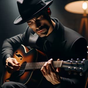 Tan Skin Man Playing Guitar in Dimly Lit Room