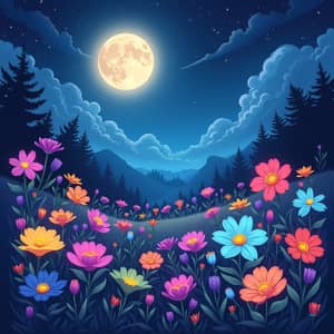 Magical Moon Garden: Colorful Flowers Cartoon Style