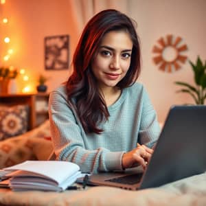 Cozy Lofi Vibes: Hispanic Woman Writing on Laptop