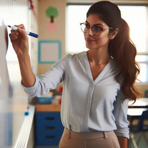 Professional Hispanic Female Elementary School Teacher in Classroom