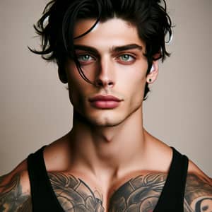 Muscular Caucasian Male with Tousled Black Hair and Emerald Green Eyes