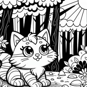 Black and White Cartoon Cat Coloring Page for Kids