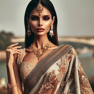 Professional Indian Model in Traditional Saree with Gold Jewelry