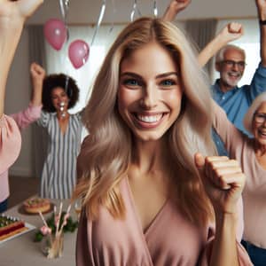 Blond Caucasian Woman Celebrating with Guests in Background