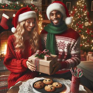 Festive Christmas Scene with Gift Exchange and Decorated Tree