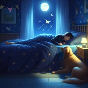 Tranquil Night Scene: Sleeping Asian Girl with Golden Retriever