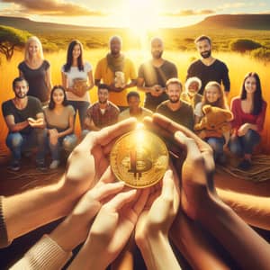 Unity in Charity: Diverse Group Holding a Golden Coin on Savanna