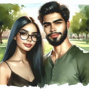 Young Hispanic Couple Watercolor Painting - Affectionate Park Scene