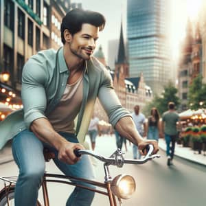 Hispanic Male Singer Cycling in City | Vibrant Urban Scenes