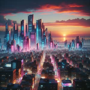 Futuristic Cyberpunk City at Dusk - Vibrant Sunset Skyline View