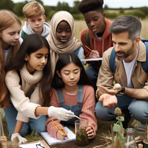 Outdoor Learning: Diverse Group of Students Engaged in Ecology Study