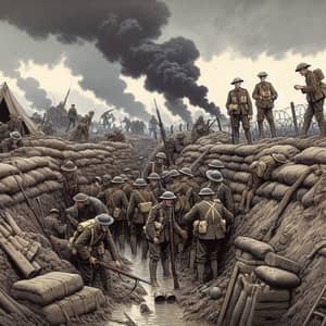 Diverse Soldiers in WW1 Trenches: A Historical Scene