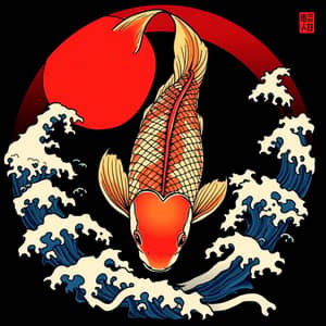 Traditional Japanese Koi Carp Art with Waves