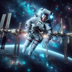 Female Astronaut Floating in Space - Stunning Space Station Scene