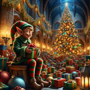 Joyful House Elf Prepares Christmas Gifts in Festive Setting