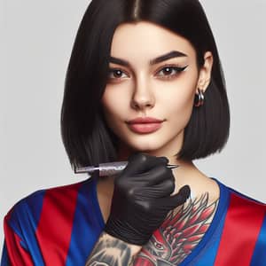 Caucasian Woman Applying Tattoo in Barcelona Team Shirt