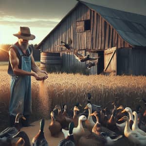 Tranquil Duck Feeding Scene in Traditional Farming Setting