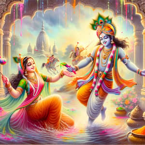 Lord Krishna & Radha Celebrate Holi in Vrindaban - Traditional Art