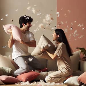 Cute Couple Pillow Fight: A Comical Scene