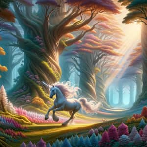 Mystical Forest Unicorn Galloping in Sunlit Clearing