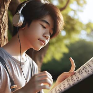 Teenage Boy Learning Intricate Song Under Tree