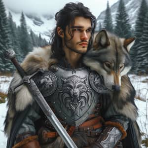 North Warrior: 17-Year-Old Male & Direwolf in Snowy Forest