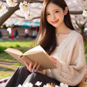 Beautiful Girl Under Cherry Blossoms Reading