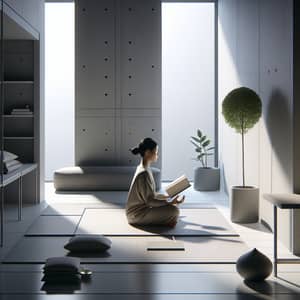 Minimalist Single Life: Serene Asian Woman in Modern Space