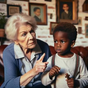 Family Bonding Moment: Elderly Woman Guides Playful Young Boy