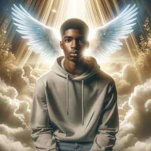 Peaceful Black Male in Heavenly Atmosphere with Gray Hoodie