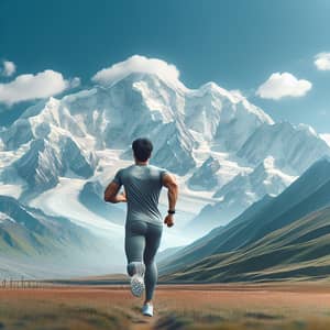 Middle-Eastern Man Running Towards Splendid Snowy Mountain Range