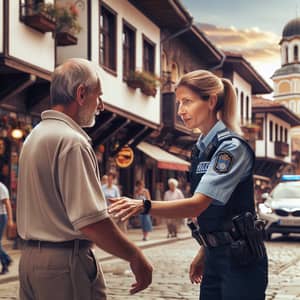 Community Service in Urban Setting | Police Officer Helping Man Cross Street