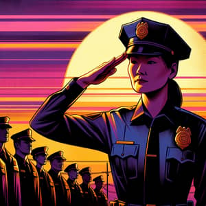 Diverse Group of Police Officers Saluting at Sunset