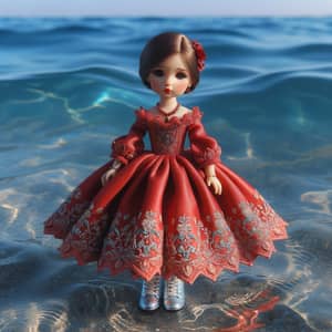 Elegant Doll in Red Dress on the Sea | Stunning Contrast