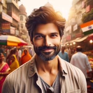 Charismatic Indian Male Public Figure in Vibrant Cityscape