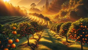 Vibrant Orange Trees: Orchard in Morning Sunlight