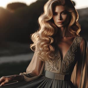 Elegant Caucasian Woman in Sophisticated Attire at Dusk