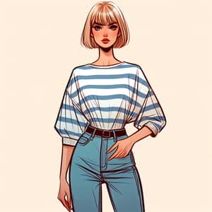 Tall Blonde Woman in White and Blue Striped Shirt and Jeans