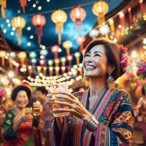 South Asian Woman Celebrating New Year in Colorful Village