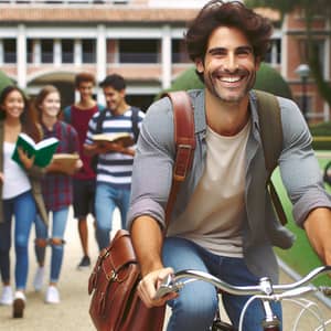 Cheerful Hispanic Male Professor Arriving at Educational Institution