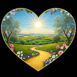 Curvy Path Heart Illustration with Vibrant Flowers