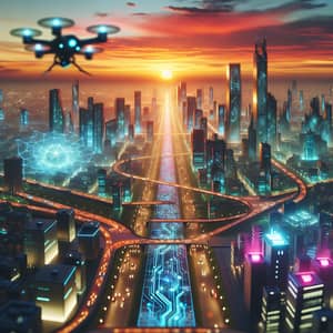 Futuristic Cyberpunk Cityscape at Sunset | High-Tech Urban Scene