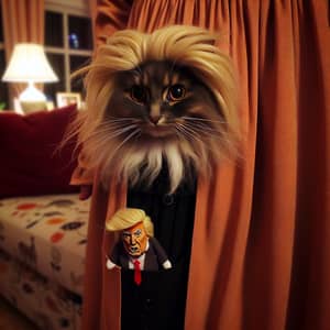 Cat in Dress with Trump Doll: A Whimsical Scene