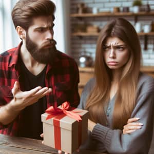 Man Presenting Gift to Angry Woman - Relationship Drama Unfolds