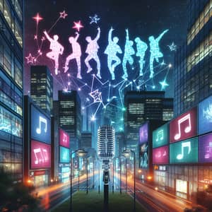 Vibrant Cityscape with K-pop Vibe | Neon Lights & Silhouettes