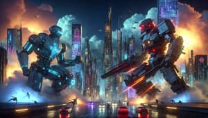 Robots Battling in a Futuristic Cyberpunk City