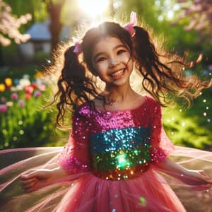 Joyful South Asian Girl in Pink Dress Twirling in Blooming Park