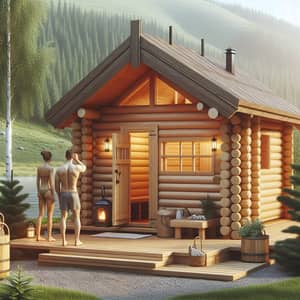 People in Front of Beautiful Log Cabin Sauna