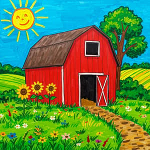 Charming Kid Art: Red Barn in Nature