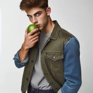 Young Man with Green Eyes Biting Green Apple - Photo Session